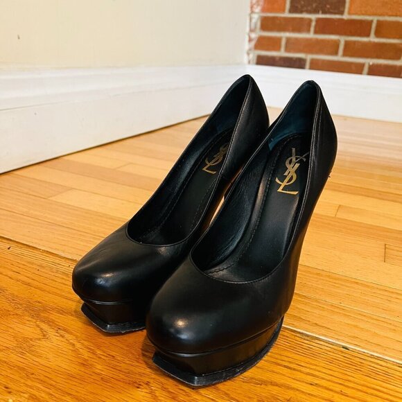 Saint Laurent YSL Black Calfskin Janis Stiletto Heel Platform Pumps 38.5 - Picture 2 of 16